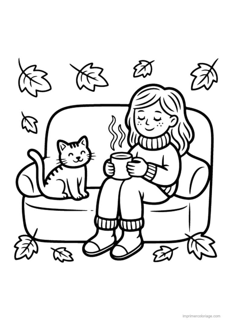 coloriage cocooning fille et chat avec une boisson chaude - dessin gratuit &agrave; imprimer