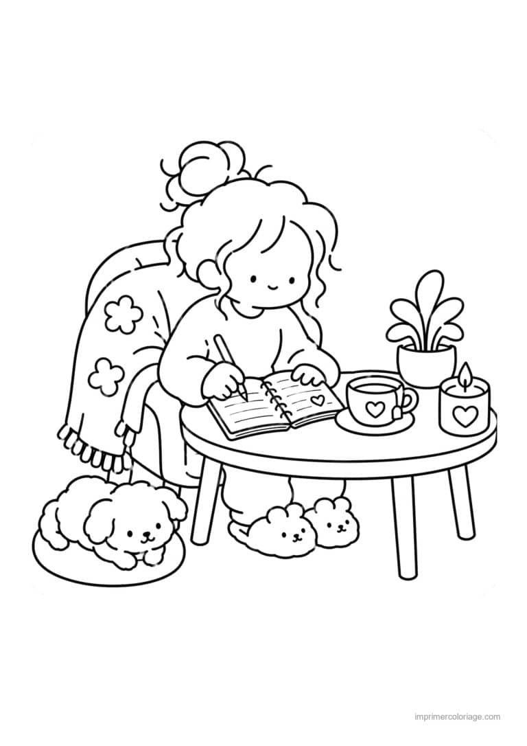 coloriage cocooning fille qui ecrit son journal - dessin gratuit &agrave; imprimer