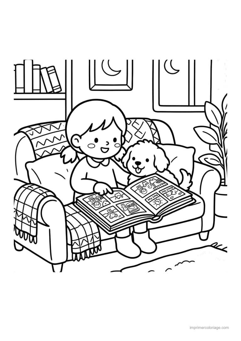 coloriage cocooning fillette et chien lisent sur le canape - dessin gratuit &agrave; imprimer