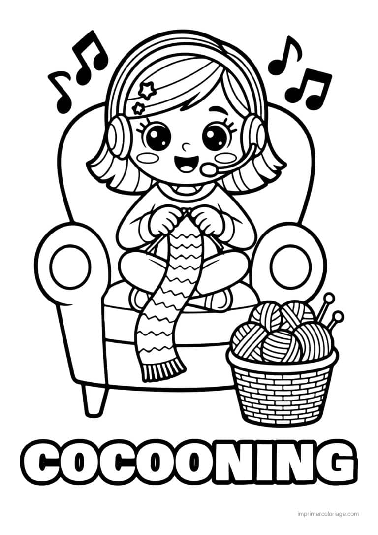 coloriage cocooning fillette qui tricote en musique - dessin gratuit &agrave; imprimer