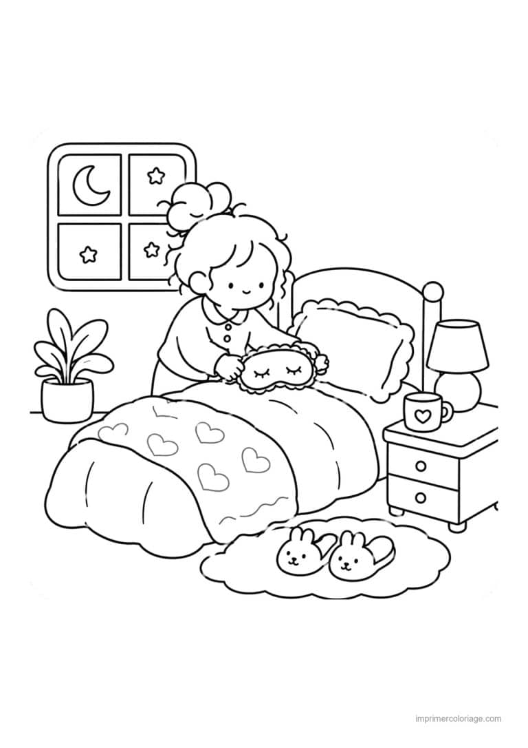 coloriage cocooning fillette se couche avec son masque - dessin gratuit &agrave; imprimer