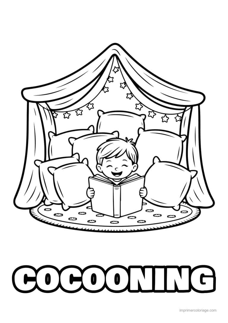 coloriage cocooning garcon lit sous cabane coussins - dessin gratuit &agrave; imprimer