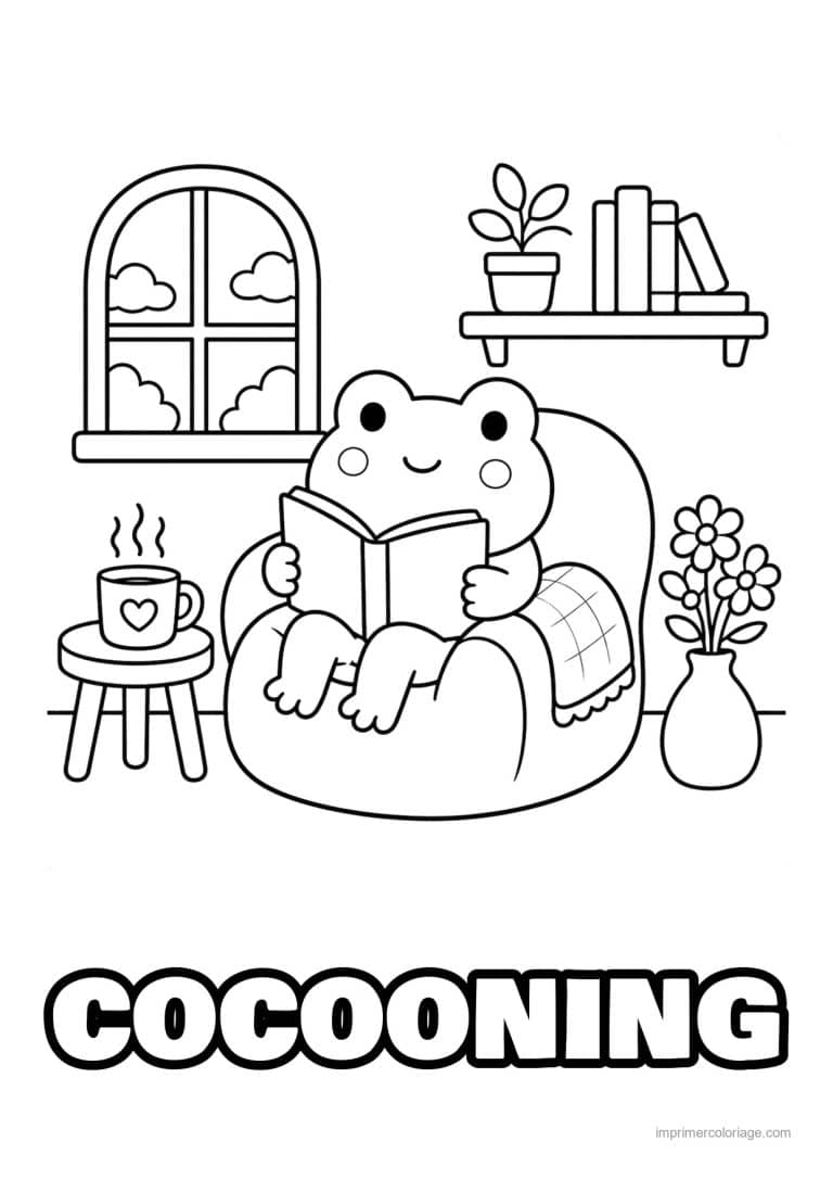 coloriage cocooning grenouille lit dans un fauteuil - dessin gratuit &agrave; imprimer