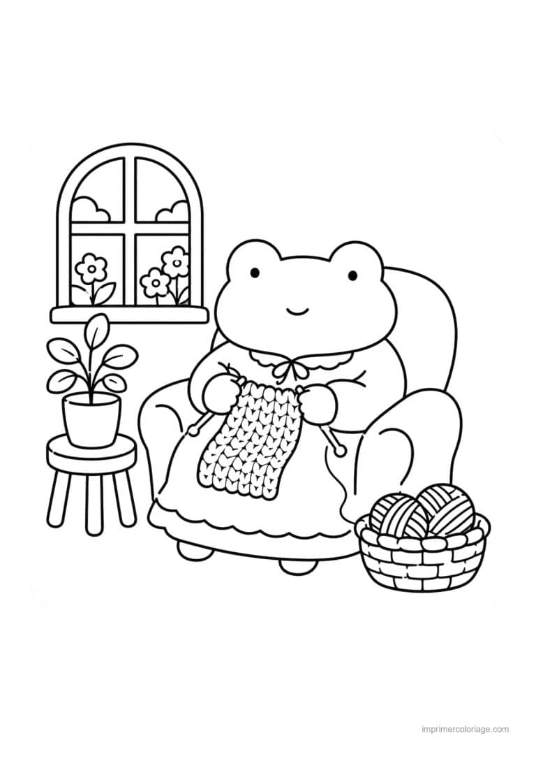 coloriage cocooning grenouille qui tricote - dessin gratuit &agrave; imprimer
