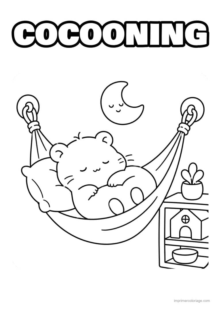 coloriage cocooning hamster qui dort dans un hamac - dessin gratuit &agrave; imprimer