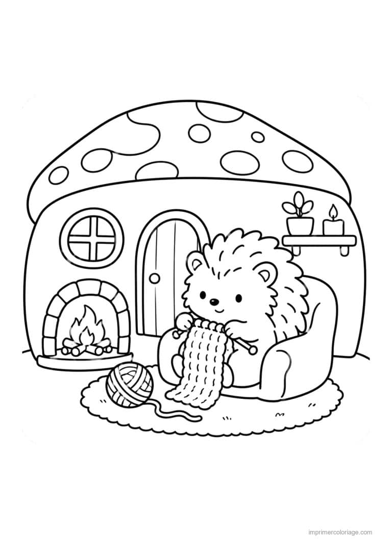coloriage cocooning herisson tricote maison champignon - dessin gratuit &agrave; imprimer