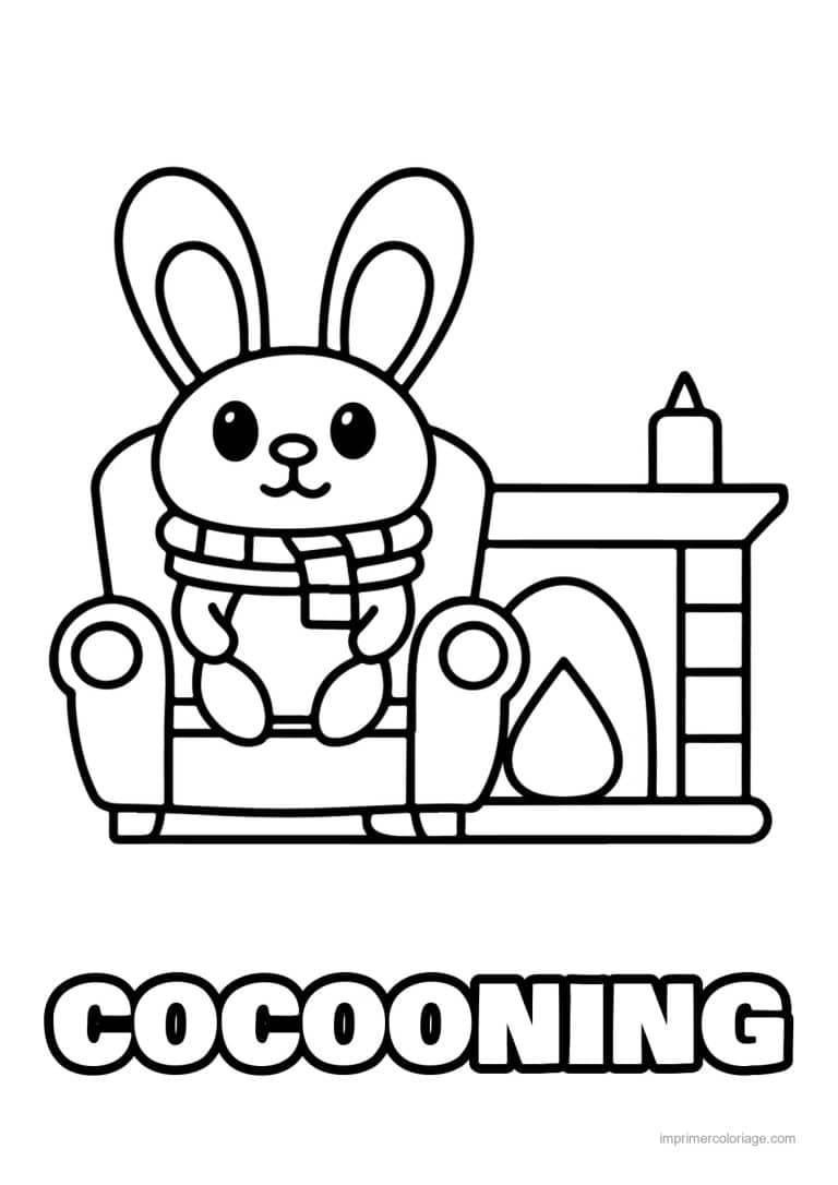 coloriage cocooning lapin a echarpe pres du feu - dessin gratuit &agrave; imprimer