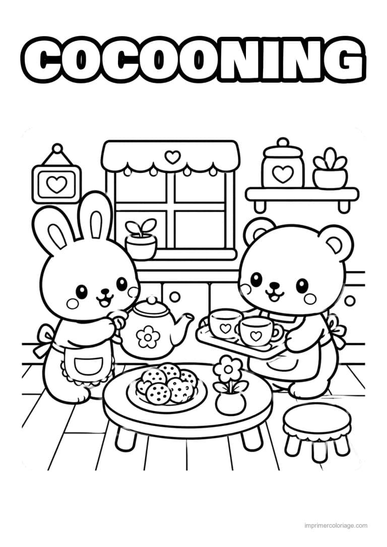 coloriage cocooning lapin et ours prennent le the - dessin gratuit &agrave; imprimer