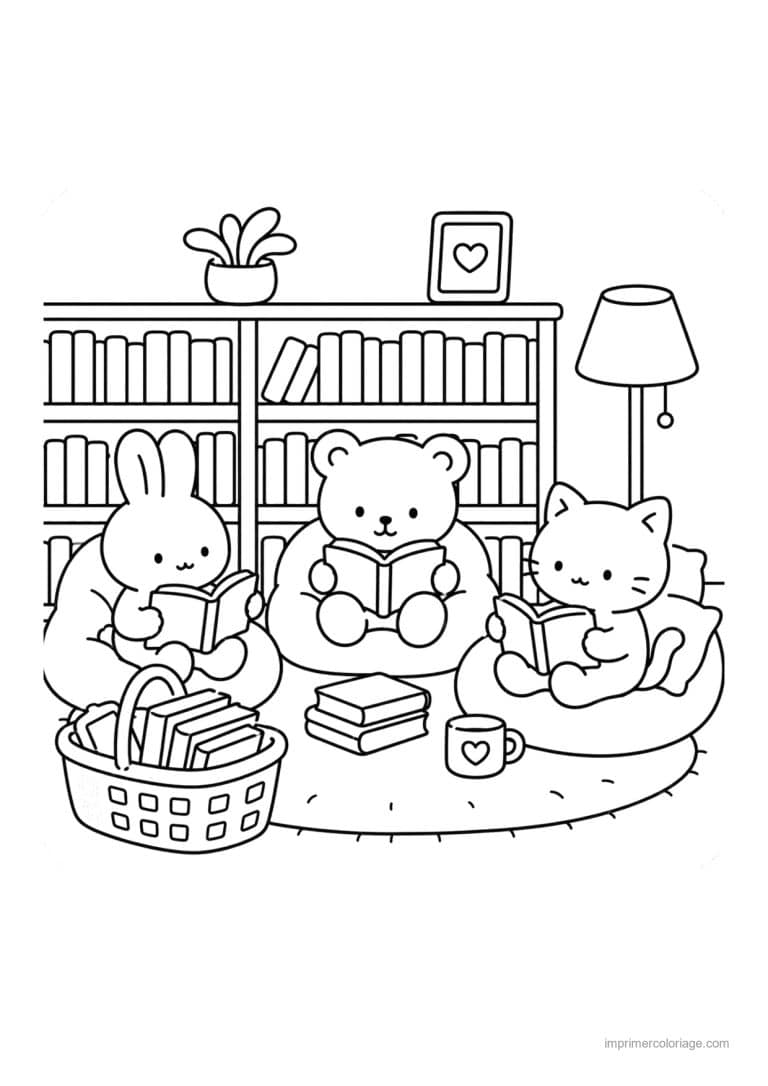 coloriage cocooning lapin ours et chat qui lisent - dessin gratuit &agrave; imprimer