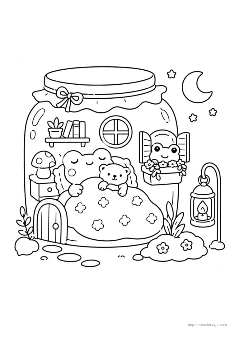 coloriage cocooning ours dort dans une maison bocal - dessin gratuit &agrave; imprimer