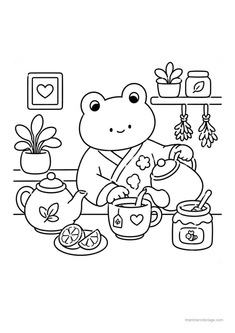 coloriage cocooning ours en peignoir prepare le the - dessin gratuit &agrave; imprimer