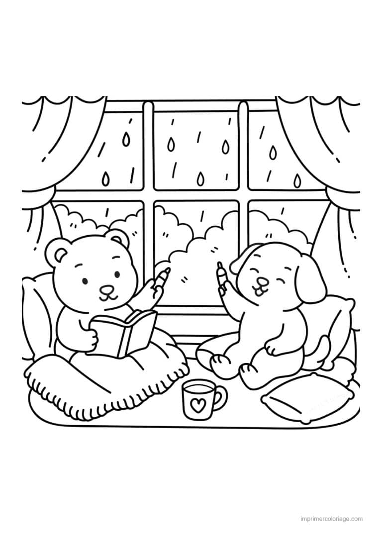 coloriage cocooning ours et chien lisent ensemble - dessin gratuit &agrave; imprimer