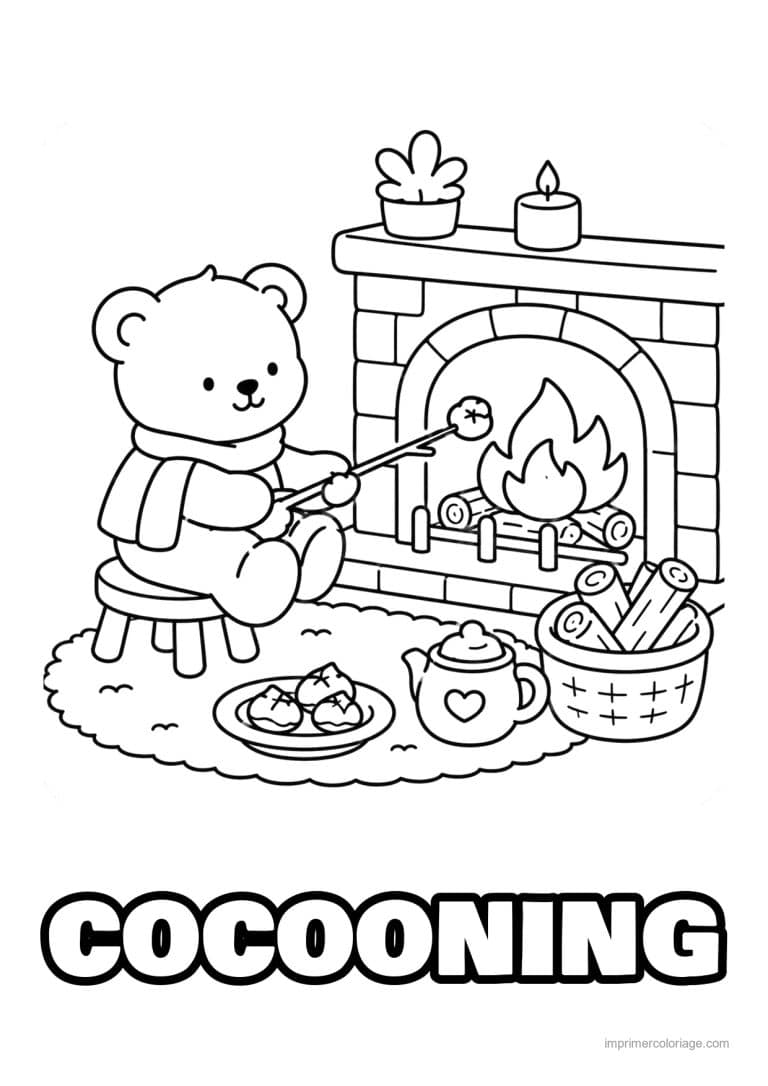 coloriage cocooning ours grille des guimauves au feu - dessin gratuit &agrave; imprimer