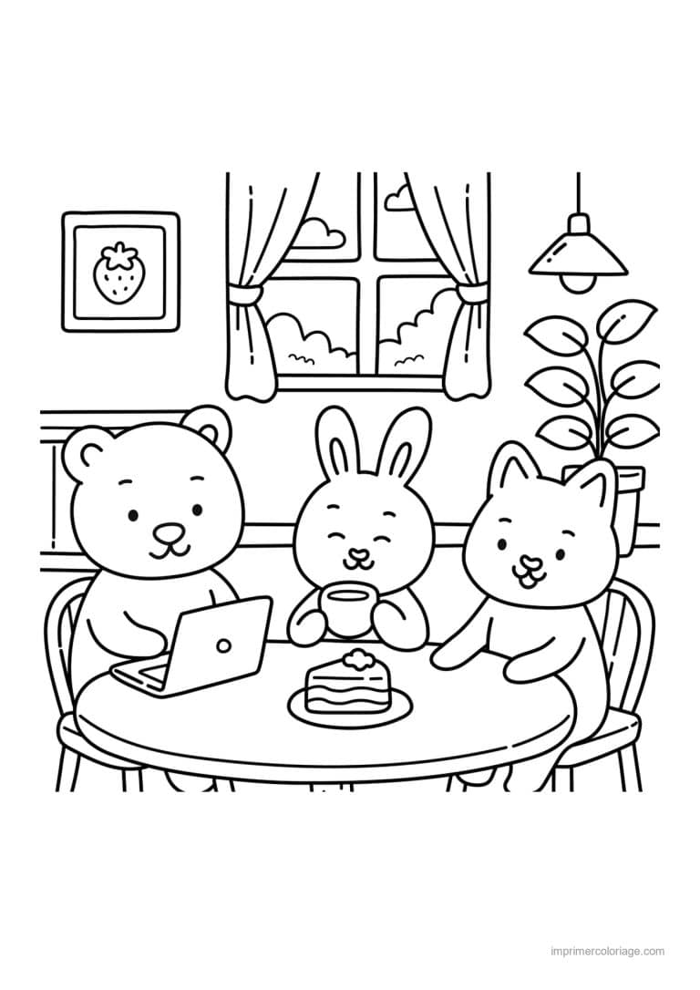 coloriage cocooning ours lapin chat gouter ordinateur - dessin gratuit &agrave; imprimer