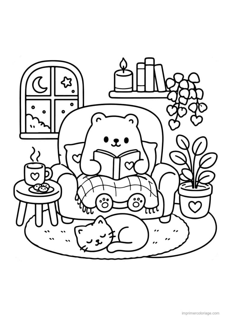 coloriage cocooning ours qui lit avec son chat - dessin gratuit &agrave; imprimer
