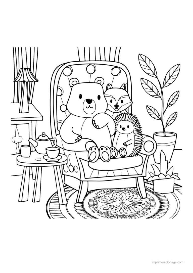coloriage cocooning ours renard et herisson au fauteuil - dessin gratuit &agrave; imprimer