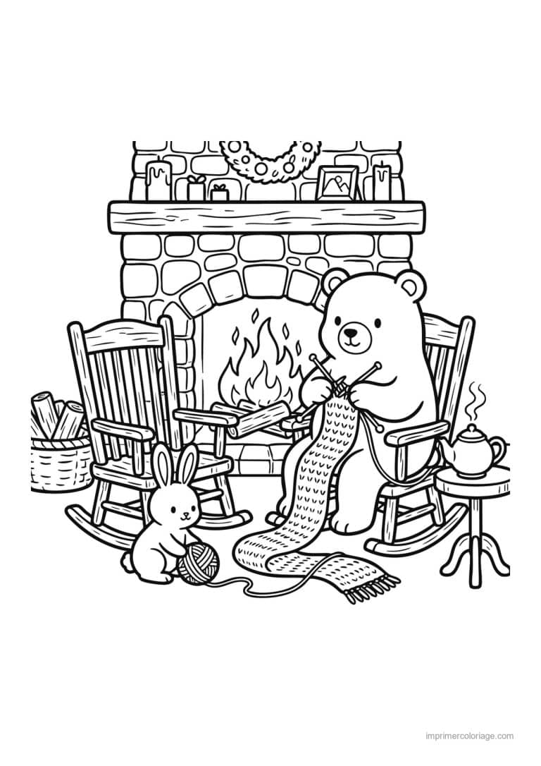coloriage cocooning ours tricote pres de la cheminee - dessin gratuit &agrave; imprimer