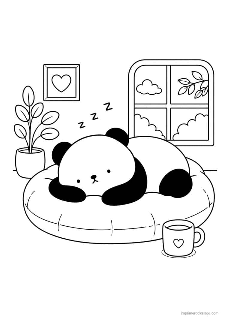 coloriage cocooning panda qui dort sur un pouf - dessin gratuit &agrave; imprimer
