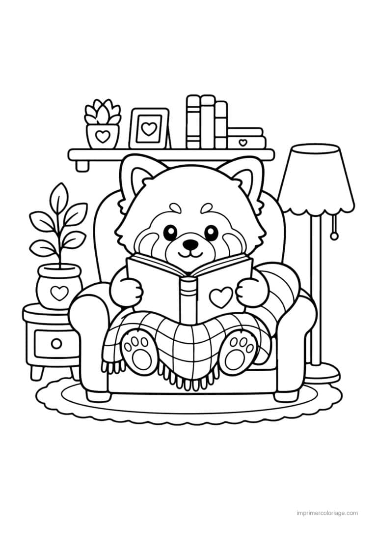 coloriage cocooning panda roux qui lit - dessin gratuit &agrave; imprimer