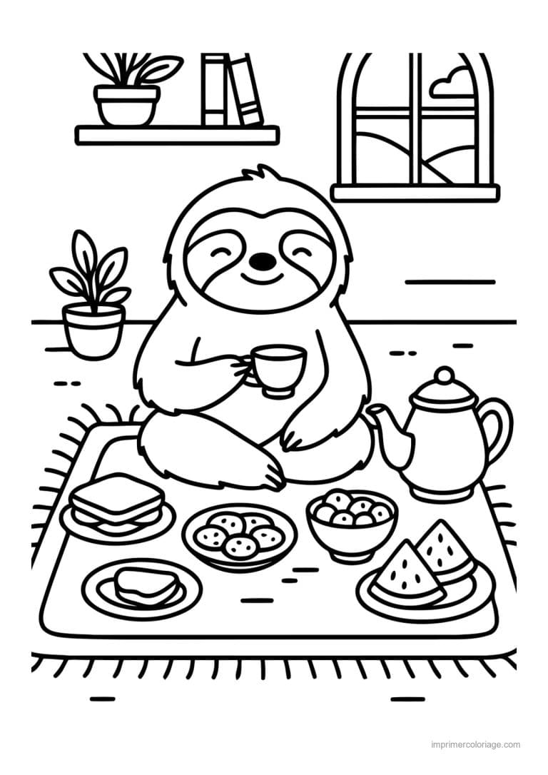 coloriage cocooning paresseux qui prend le the - dessin gratuit &agrave; imprimer