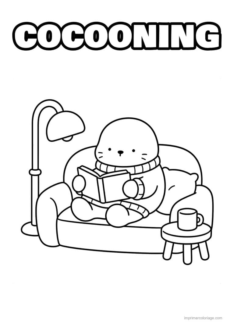 coloriage cocooning phoque qui lit dans un fauteuil - dessin gratuit &agrave; imprimer