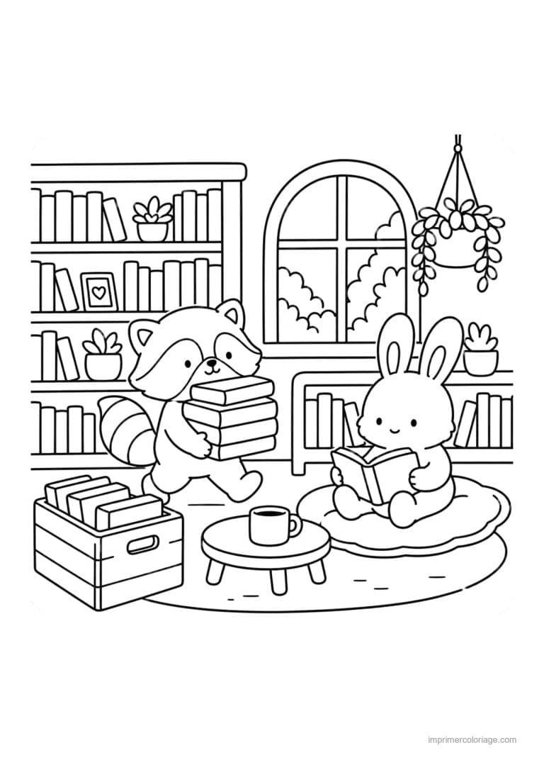 coloriage cocooning raton et lapin en bibliotheque - dessin gratuit &agrave; imprimer