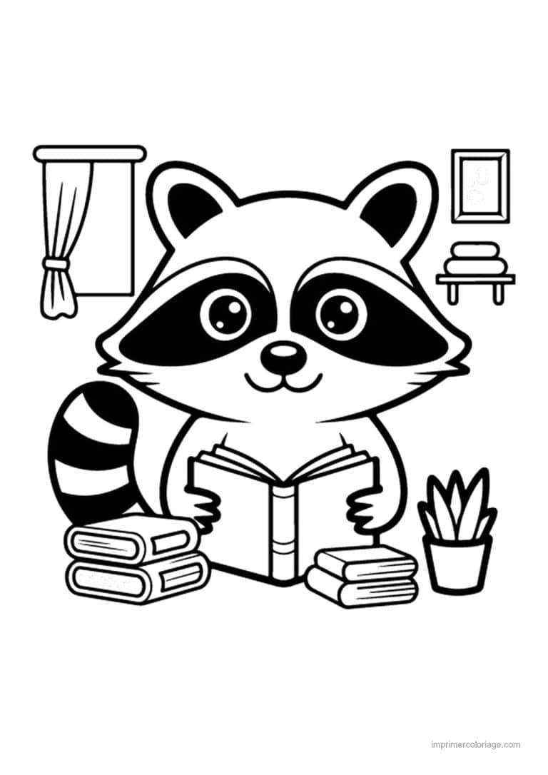 coloriage cocooning raton laveur qui lit - dessin gratuit &agrave; imprimer