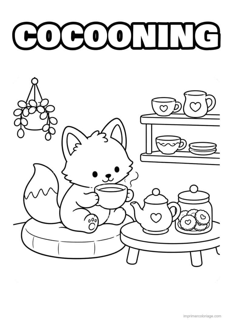 coloriage cocooning renard boit le the assis - dessin gratuit &agrave; imprimer