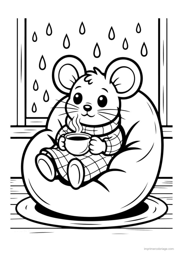 coloriage cocooning souris et sa tasse au pouf - dessin gratuit &agrave; imprimer