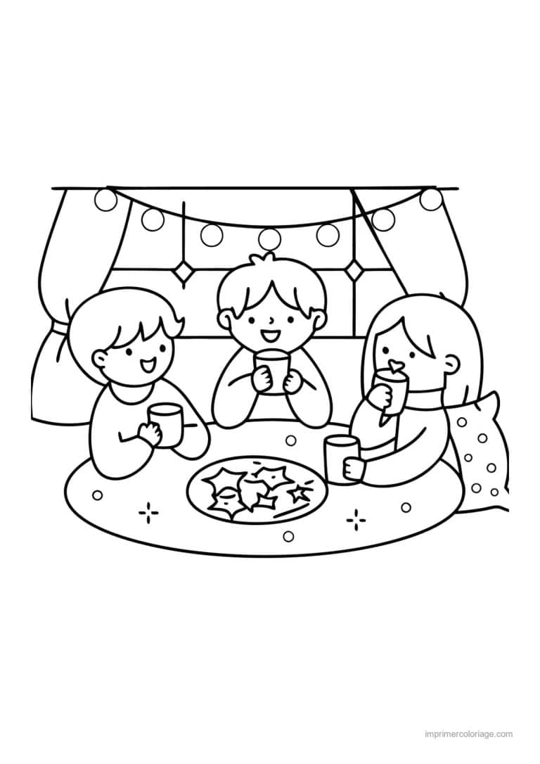 coloriage cocooning trois enfants et leurs tasses - dessin gratuit &agrave; imprimer
