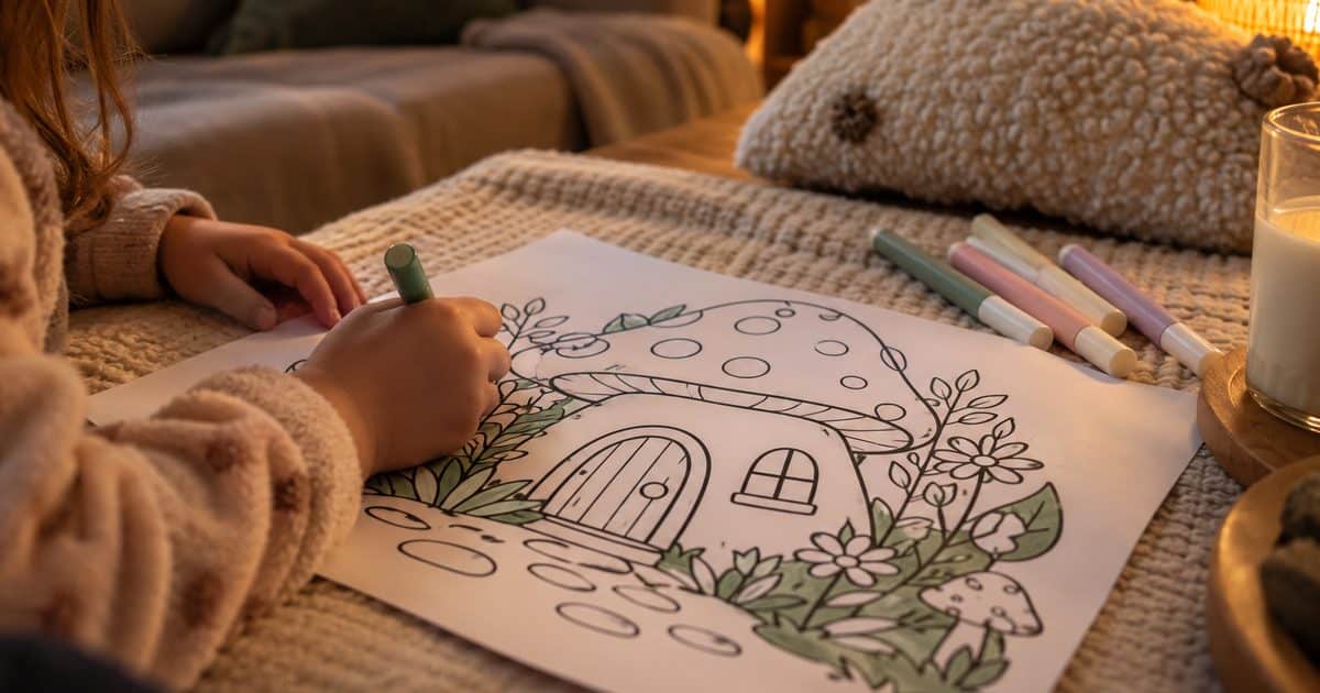 Mains d'enfant faisant un coloriage cozy de maison champignon au feutre sur une table basse avec plaid et lampe