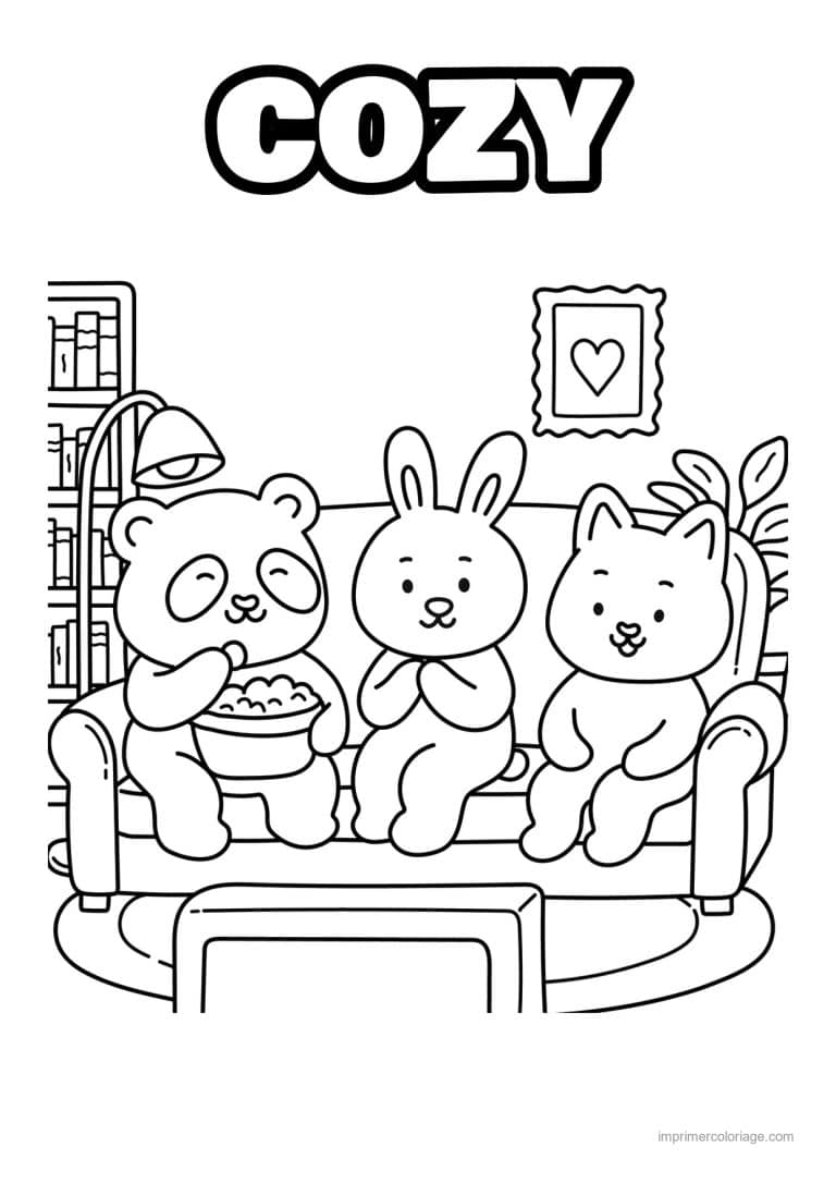 coloriage cozy amis devant la tele au popcorn - dessin gratuit &agrave; imprimer