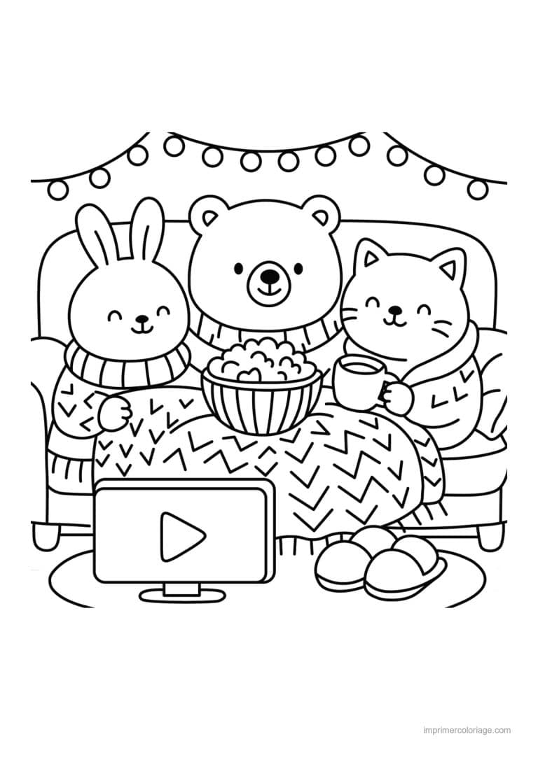 coloriage cozy amis qui regardent un film - dessin gratuit &agrave; imprimer