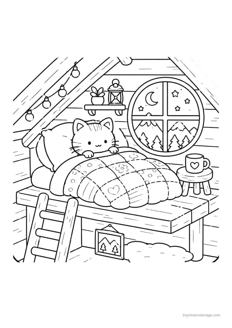 coloriage cozy chat au lit dans le grenier - dessin gratuit &agrave; imprimer