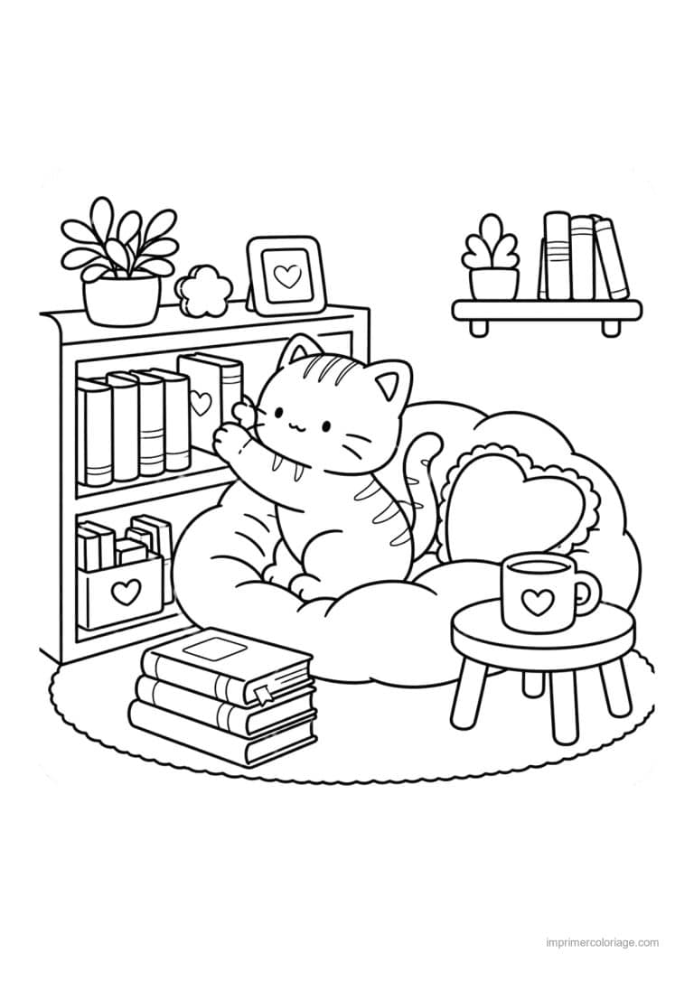 coloriage cozy chat dans un pouf pres des livres - dessin gratuit &agrave; imprimer
