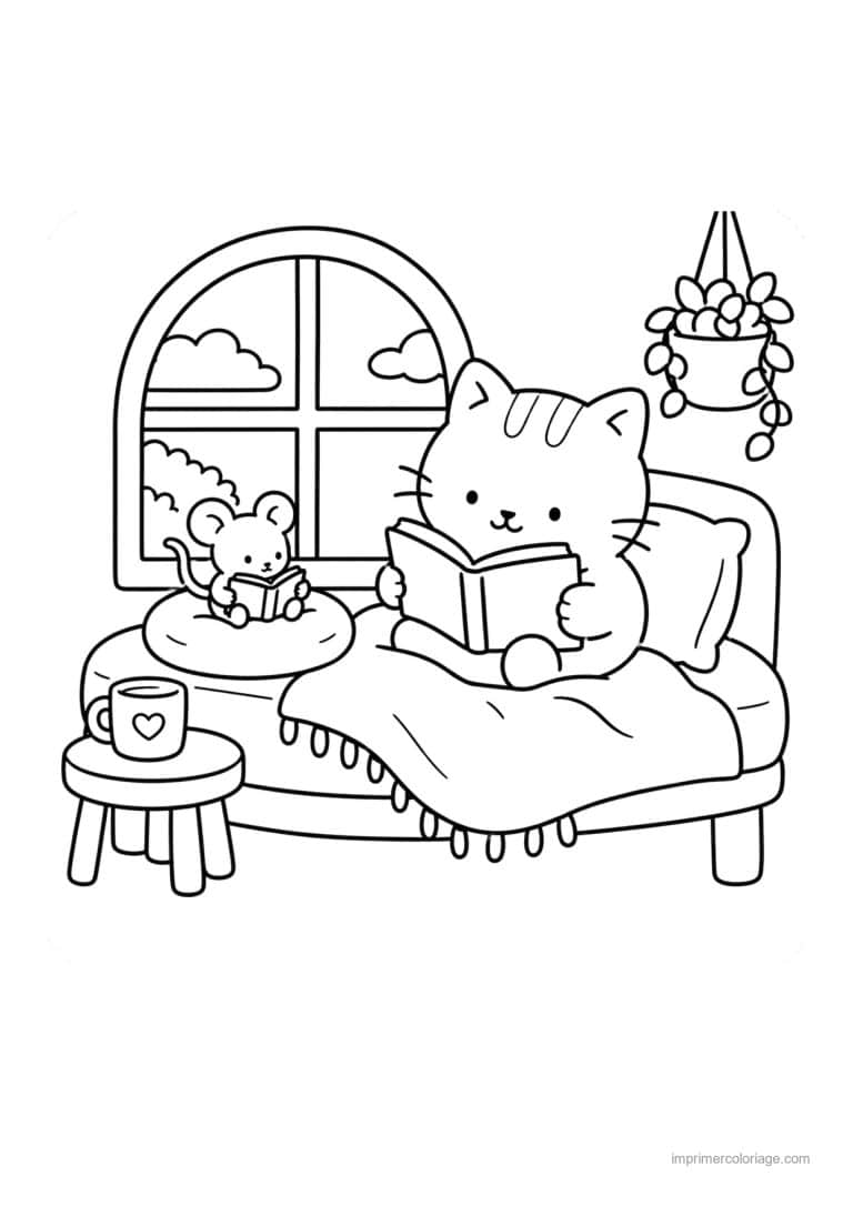 coloriage cozy chat et souris qui lisent - dessin gratuit &agrave; imprimer