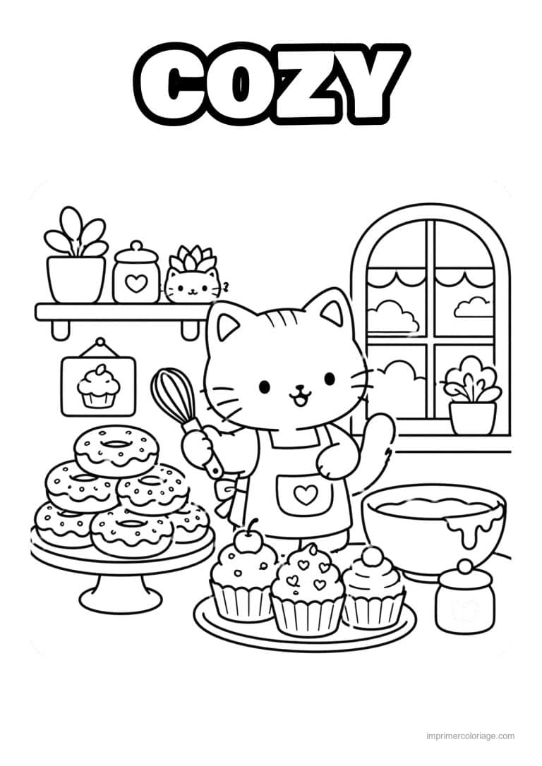 coloriage cozy chat patissier et donuts - dessin gratuit &agrave; imprimer