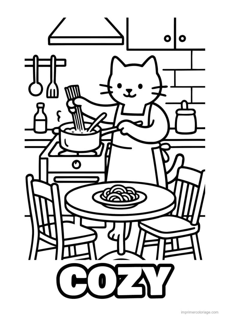 coloriage cozy chat qui cuisine des spaghettis - dessin gratuit &agrave; imprimer