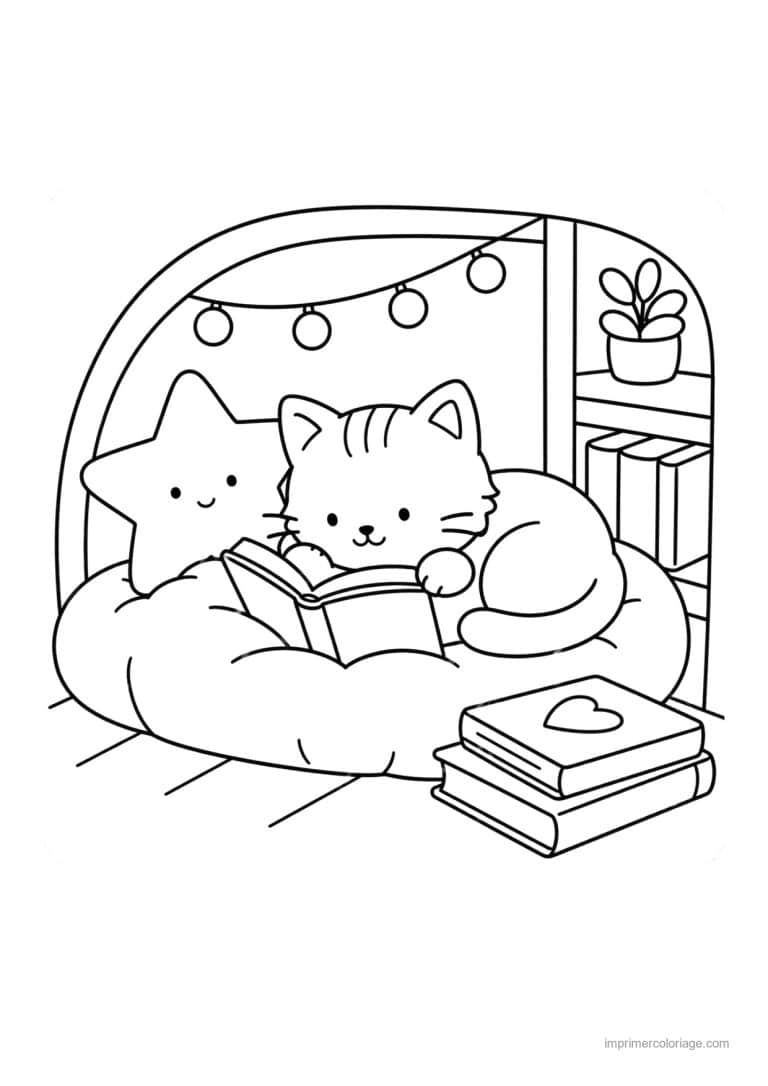 coloriage cozy chat qui lit dans un pouf - dessin gratuit &agrave; imprimer