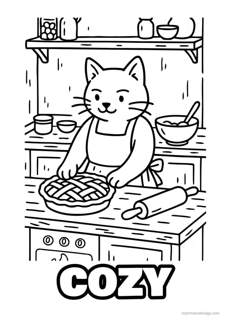 coloriage cozy chat qui prepare une tarte - dessin gratuit &agrave; imprimer