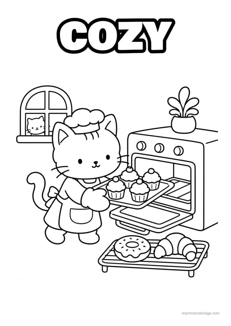 coloriage cozy chat qui sort des cupcakes du four - dessin gratuit &agrave; imprimer