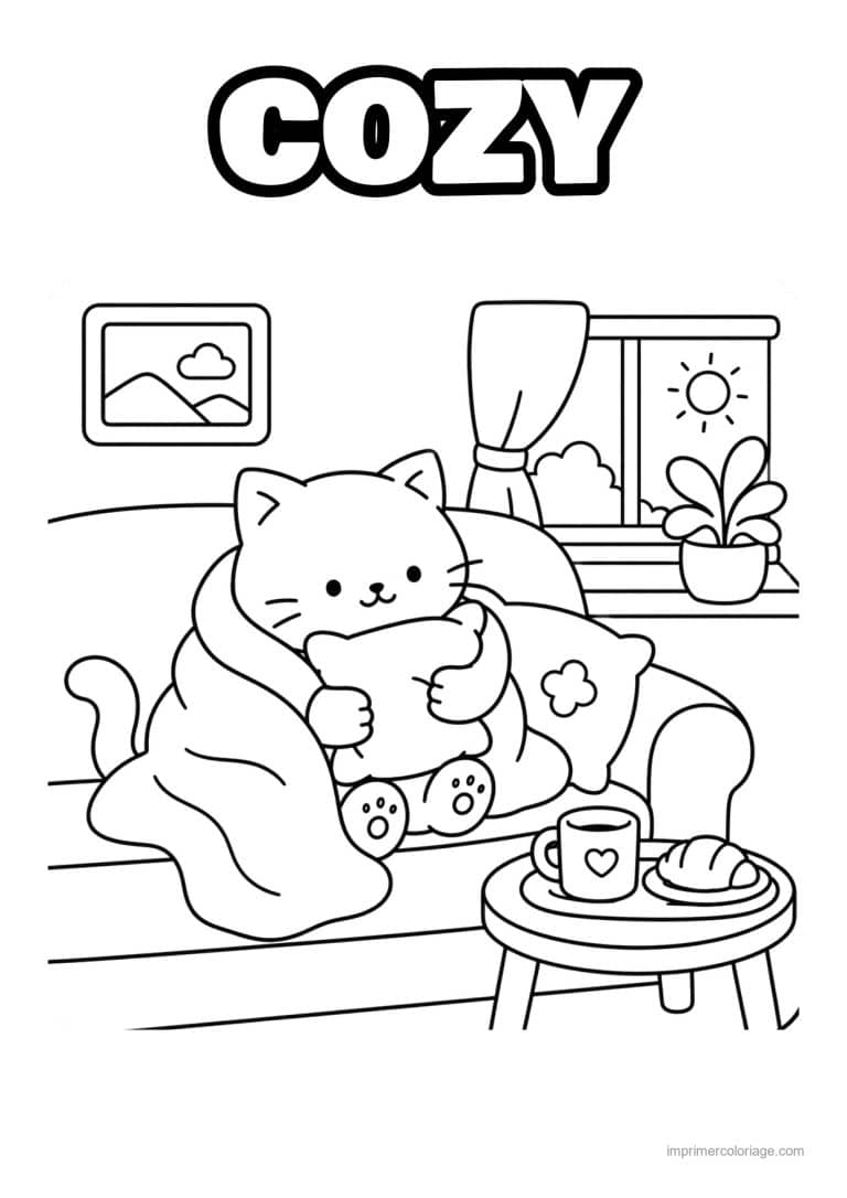 coloriage cozy chat sous un plaid sur le canape - dessin gratuit &agrave; imprimer