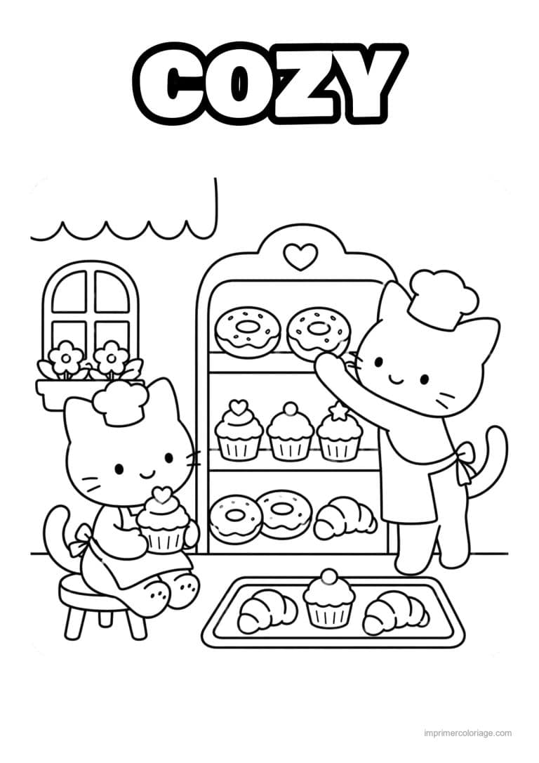coloriage cozy chats patissiers et donuts - dessin gratuit &agrave; imprimer