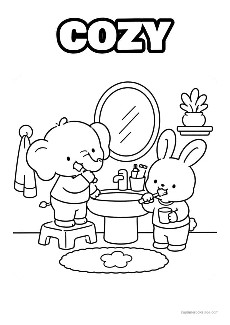 coloriage cozy elephant et lapin se brossent les dents - dessin gratuit &agrave; imprimer