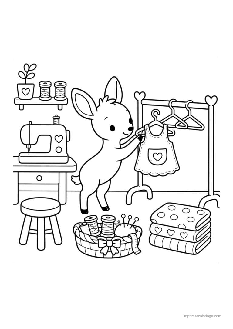coloriage cozy faon dans un atelier de couture - dessin gratuit &agrave; imprimer