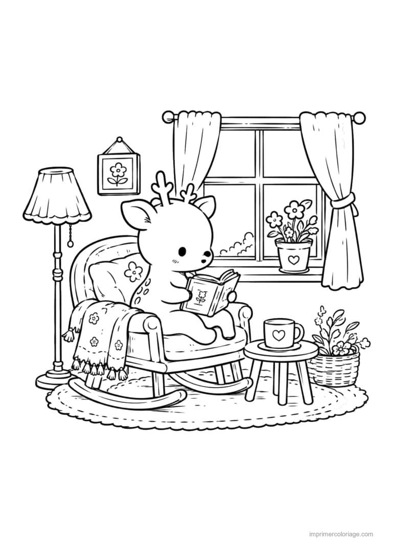coloriage cozy faon qui lit dans le fauteuil - dessin gratuit &agrave; imprimer