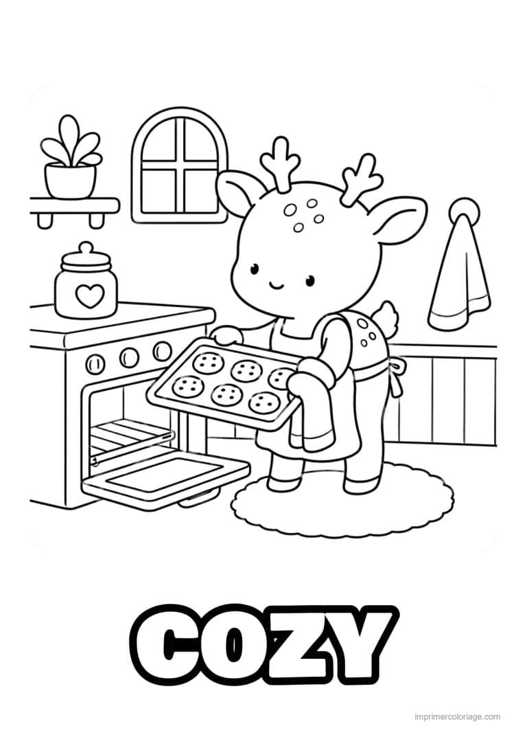 coloriage cozy faon qui sort des biscuits du four - dessin gratuit &agrave; imprimer