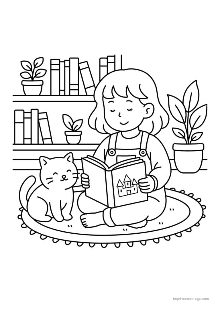 coloriage cozy fille qui lit avec son chat - dessin gratuit &agrave; imprimer