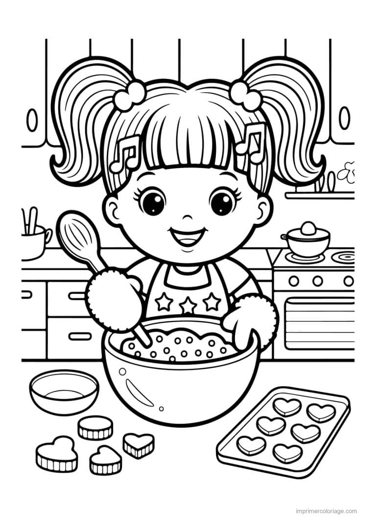 coloriage cozy fille qui prepare des biscuits coeur - dessin gratuit &agrave; imprimer