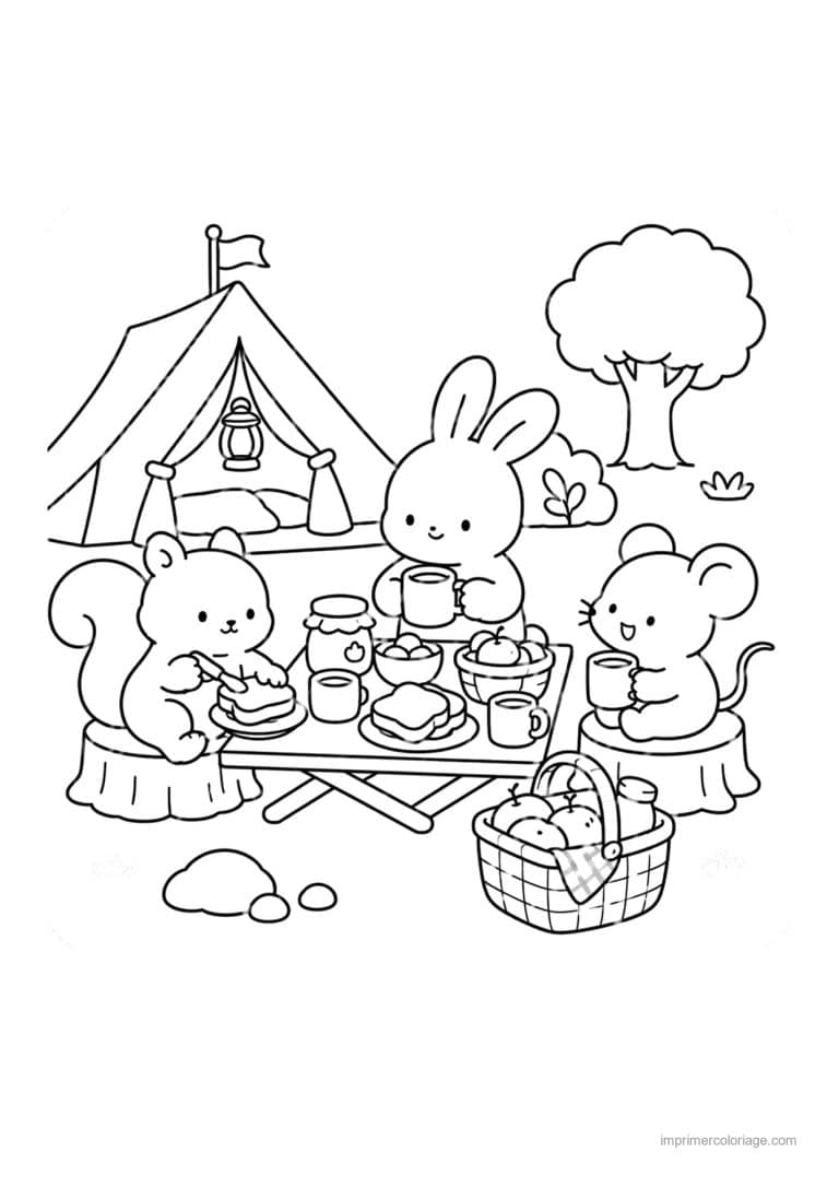 coloriage cozy friends amis pique niquent pres tente - dessin gratuit &agrave; imprimer